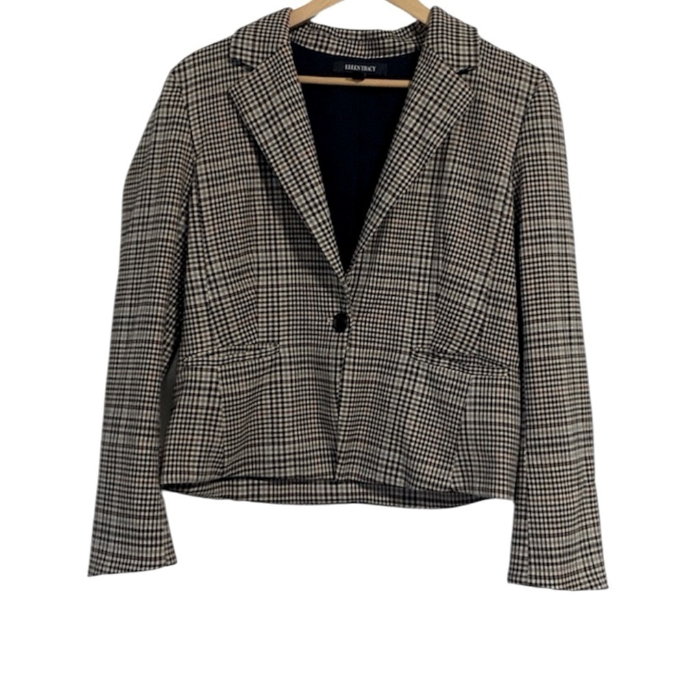 Ellen Tracy houndstooth plaid one button blazer jacket size 8 tan black brown